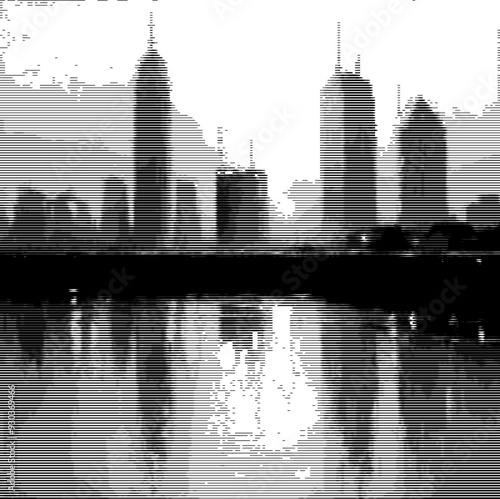 Cityscape silhouette with reflection in lake