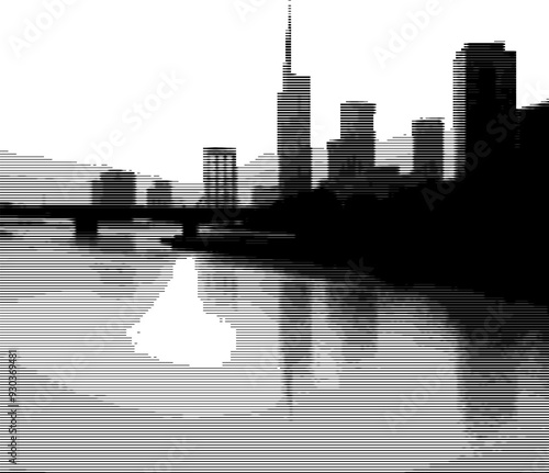 Abstract digital skyline and water reflection