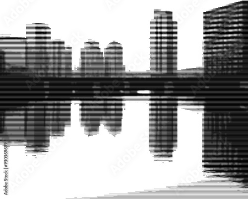 Abstract pixel art of urban skyline on lakeside