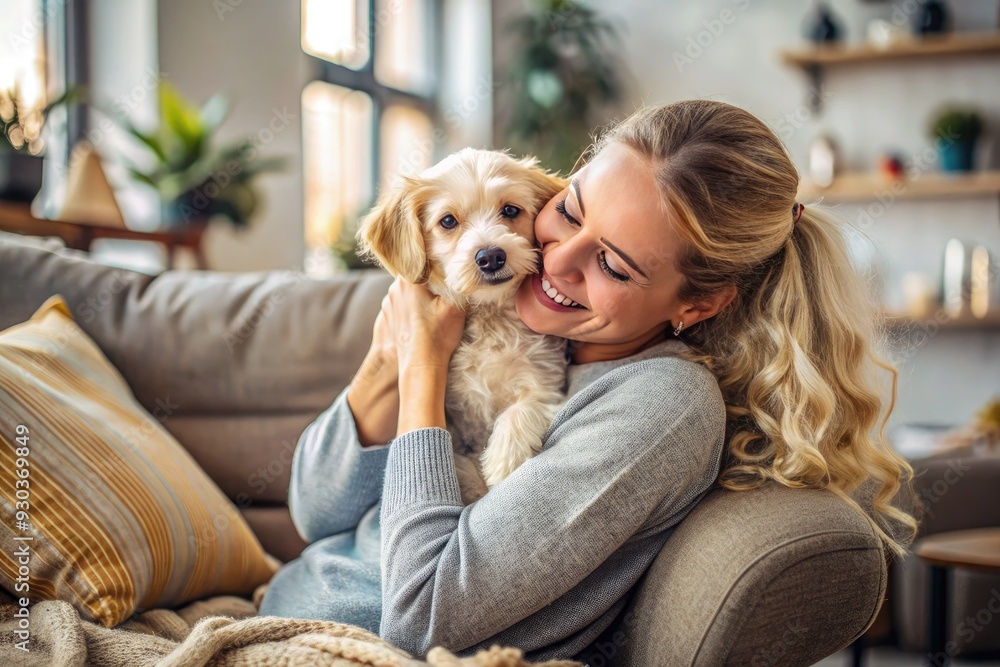 A joyful woman wraps her arms around her adorable puppy, sharing a tender moment of affection on a cozy living room sofa, surrounded by warmth and comfort. A joyful woman wraps her arms around her adorable puppy, sharing a tender moment of affection on a cozy living room sofa, surrounded by warmth and comfort.