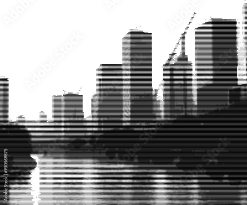 Urban reflection: pixelated skyline on water