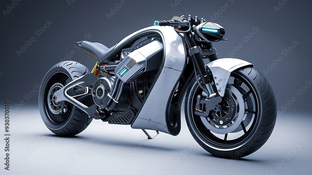 Futuristic silver motorcycle with black tires. Futuristic silver motorcycle with black tires.