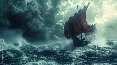 Viking Ship Sailing Through a Storm.