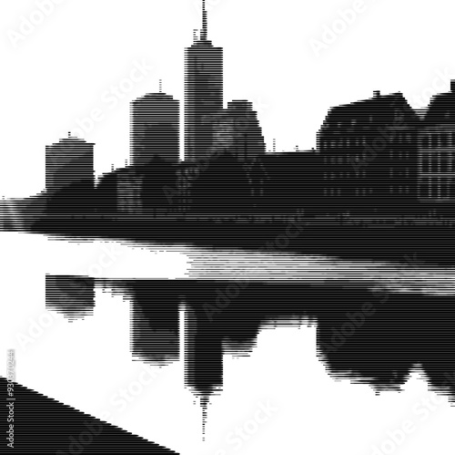 Abstract pixel city reflection on tranquil lake