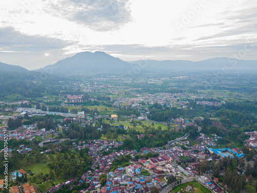 Aerial drone view of greenery countryside scenery in Berastagi, North Sumatra, Indonesia. 