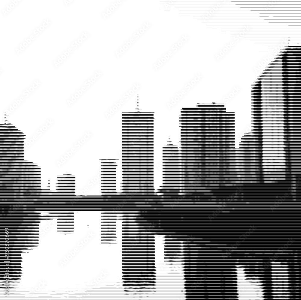 Naklejka premium Riverscape with unfinished building at sunset