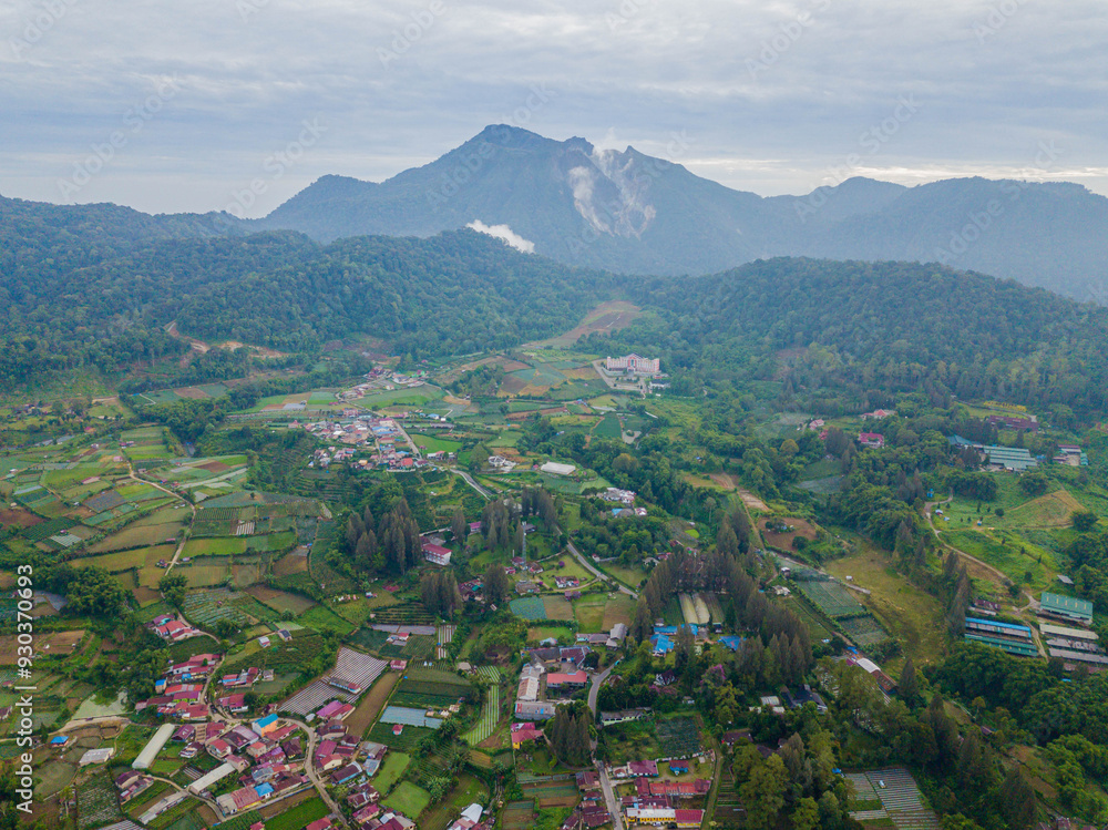 Aerial drone view of greenery countryside scenery in Berastagi, North Sumatra, Indonesia. Aerial drone view of greenery countryside scenery in Berastagi, North Sumatra, Indonesia.