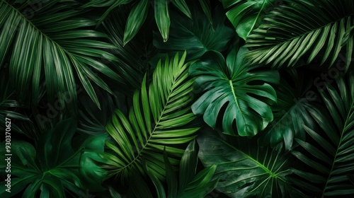 closeup nature view of green leaf and palms background. Flat lay, dark nature concept, tropical leaf , ai