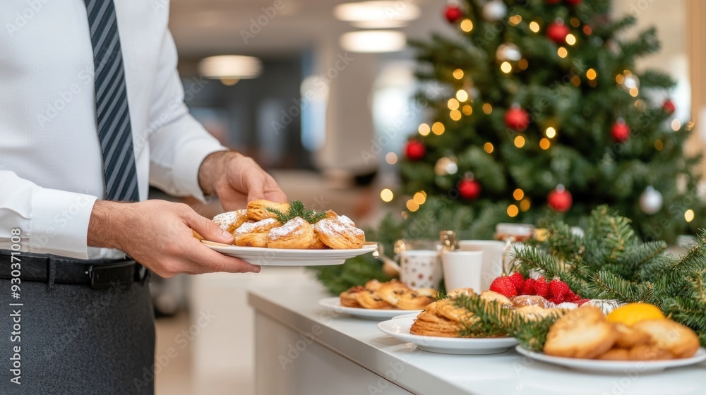 Close-up of a festive holiday brunch being served, with a spread of delicious pastries, fruits, and drinks on the table. Close-up of a festive holiday brunch being served, with a spread of delicious pastries, fruits, and drinks on the table.