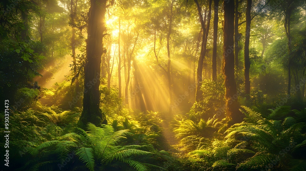 Obraz premium Sunlight streams through a misty, dense forest, illuminating a path and ferns. A Jurassic Park-Inspired.