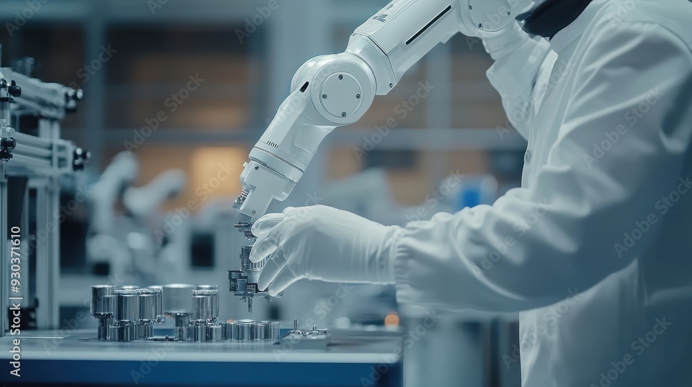 Close-up of an engineer working on the integration of robotics in scientific research, detailed robotic arm assembling intricate components, high-tech lab with right side empty for overlay Close-up of an engineer working on the integration of robotics in scientific research, detailed robotic arm assembling intricate components, high-tech lab with right side empty for overlay