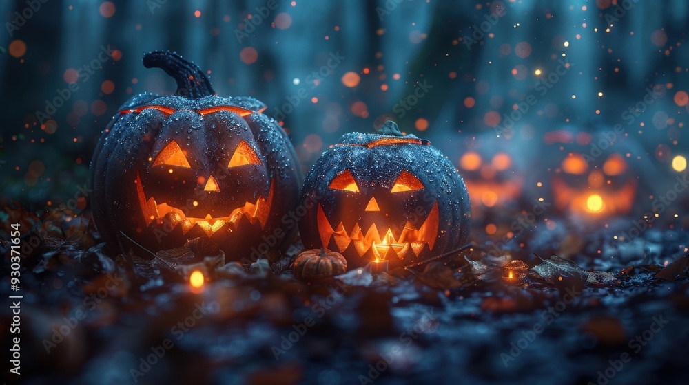 Glowing Jack-o'-lanterns in a Spooky Forest at Twilight Glowing Jack-o'-lanterns in a Spooky Forest at Twilight