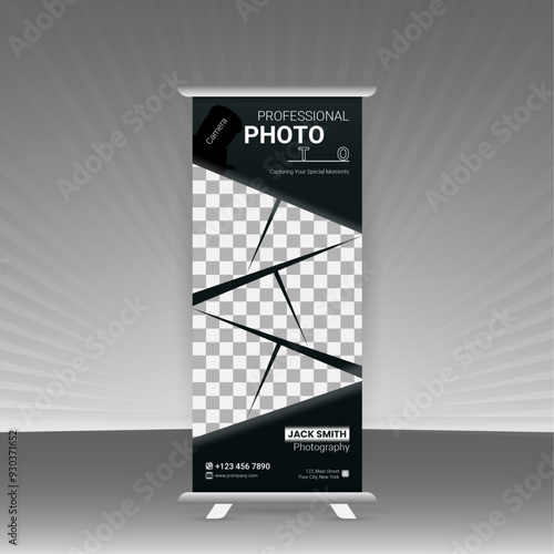 Photo Studio vector roll-up banner with place for photo and text. A sample on the theme of yoga studio photo studio, business, etc, creative modern design with vertical own layout.