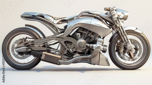 Futuristic silver motorcycle with exposed engine. photo