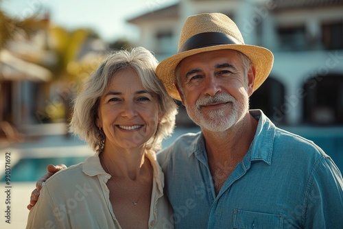 Smiling Older Couple Celebrating Ownership of Luxury Villa