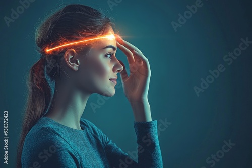 A woman with a glowing red band across her eyes representing the visionary insight focus and the sharp perceptive nature of those who see beyond the ordinary in a mysterious setting photo