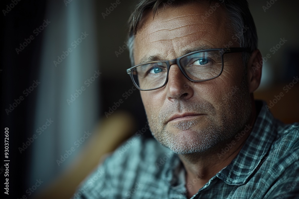 Thoughtful Middle-Aged Man with Serious Expression and Glasses