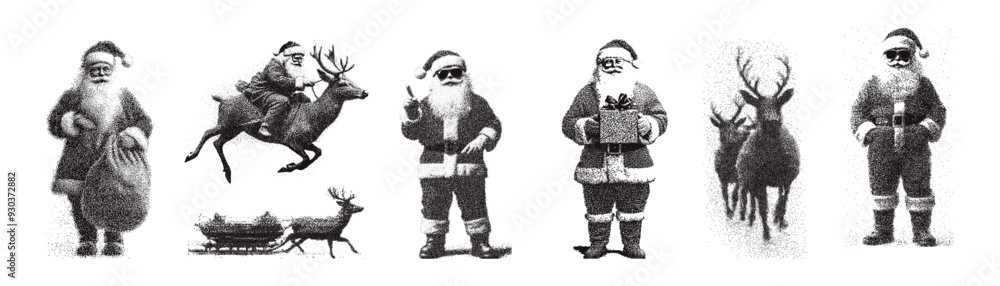 santa claus and reindeer in grunge photocopy effect. stipling y2k brutalism vector. poster christmas elements set. santa claus and reindeer in grunge photocopy effect. stipling y2k brutalism vector. poster christmas elements set.