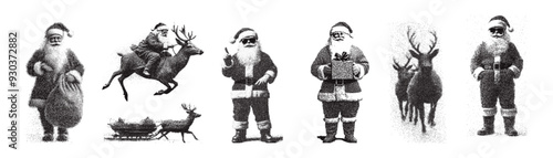 santa claus and reindeer in grunge photocopy effect. stipling y2k brutalism vector. poster christmas elements set.