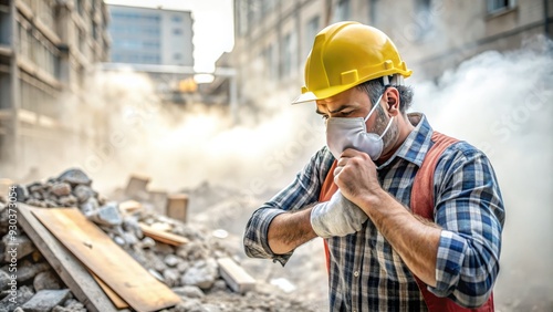 A masked construction worker, surrounded by dust and debris, coughs into his elbow, highlighting the importance of safety protocols on building sites.