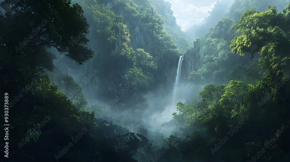 A waterfall cascades down a steep cliff face, shrouded in mist and surrounded by lush greenery. A Jurassic Park-Inspired.