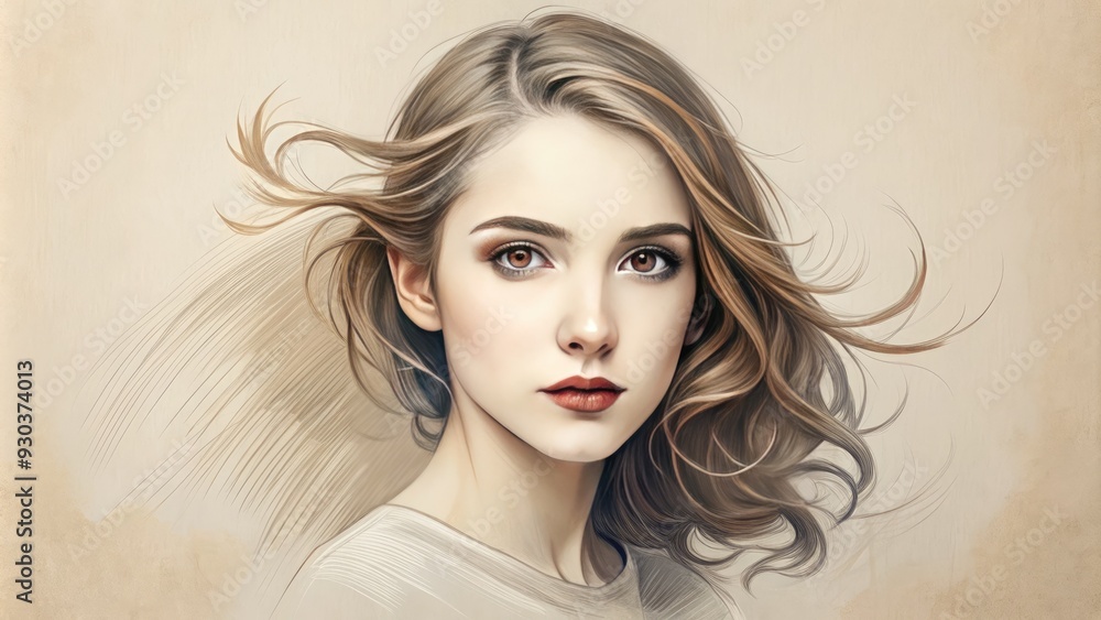 Naklejka premium A minimalist illustration of a young woman's portrait, delicately rendered in sketchy lines and subtle shading, evoking a sense of elegance and sophistication.