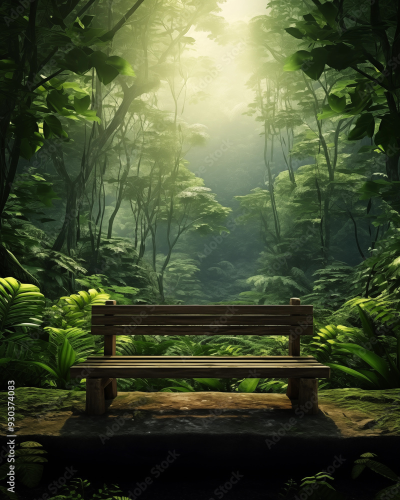 Set of wooden chairs in a lush tropical forest with dense green foliage, palm trees, ferns and various plants. Depicts a vibrant and lush summer rainforest landscape. Set of wooden chairs in a lush tropical forest with dense green foliage, palm trees, ferns and various plants. Depicts a vibrant and lush summer rainforest landscape.