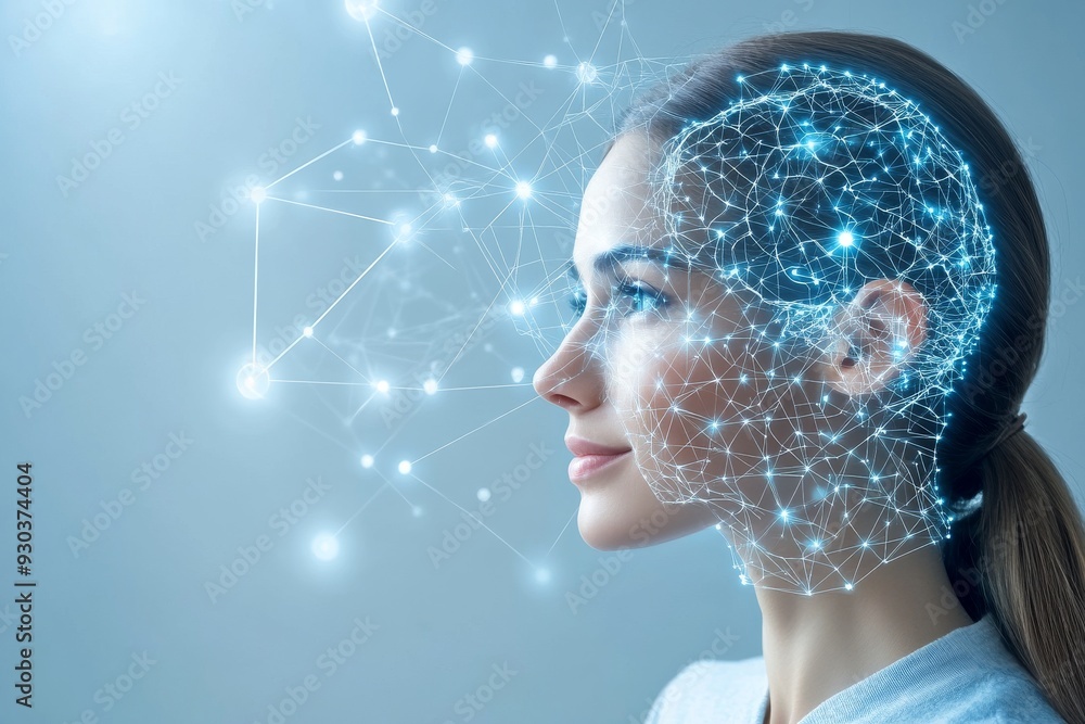 Woman with digital elements on her face symbolizing the integration of technology and human intelligence set against a futuristic glowing blue background Woman with digital elements on her face symbolizing the integration of technology and human intelligence set against a futuristic glowing blue background