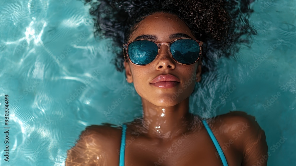 Naklejka premium A person with curly hair floating in a pool while wearing a blue bikini, creating a peaceful scene where the individual is enveloped by the shimmering, cool aqua waters.