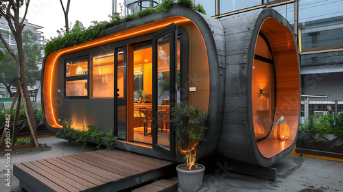 Modular Tiny House for Glamping, efficient design. Surrounded by nature.Generative AI