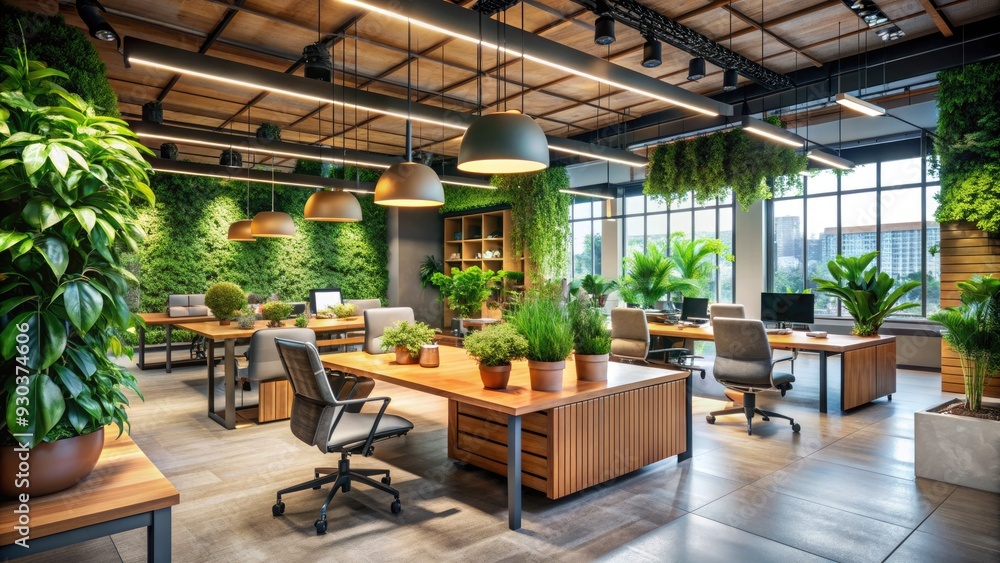 Fototapeta premium A modern eco-friendly office interior with lush green plants, reclaimed wood furniture, and energy-efficient lighting promotes sustainability and environmental responsibility in the corporate world.
