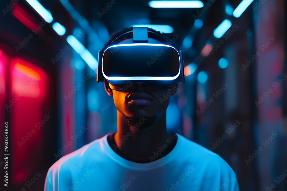 A person wearing a VR headset in a neon-lit corridor, immersed in virtual reality. A person wearing a VR headset in a neon-lit corridor, immersed in virtual reality.