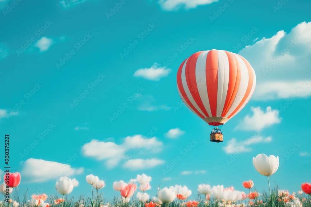Fototapeta premium Hot Air Balloon Floating Over Expansive Flower Fields