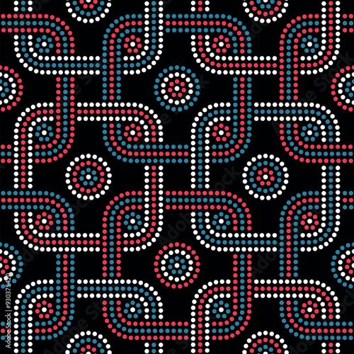Seamless repeating pattern with an abstract geometric design of dotted intersecting squares. Small blue, red, and white circles and dots on a black background. Ethnic retro style. 
