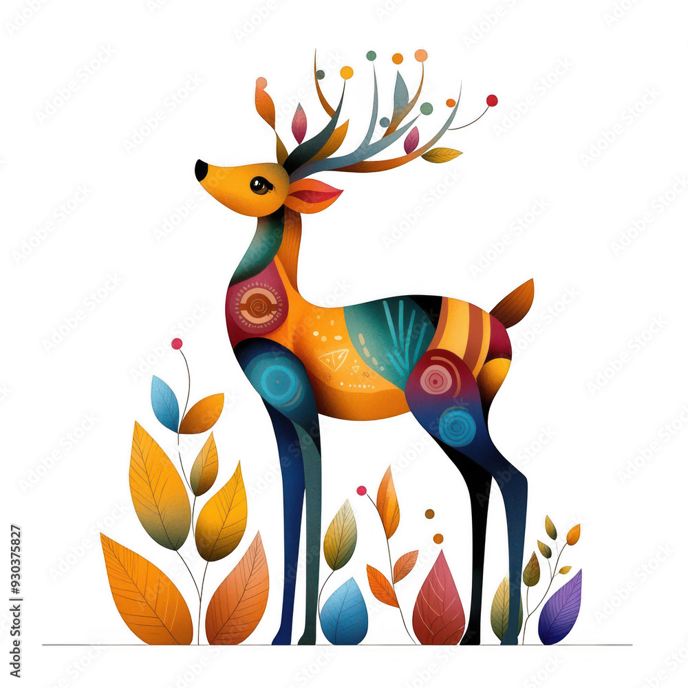 Colorful Reindeer Illustration with Autumn Leaves Colorful Reindeer Illustration with Autumn Leaves
