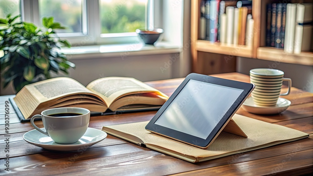 Fototapeta premium A modern tablet computer displays an open digital book on a wooden desk surrounded by coffee cups and scattered papers in a cozy room.