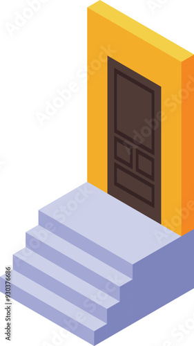 Isometric icon showing a brown door with stairs leading to the entrance