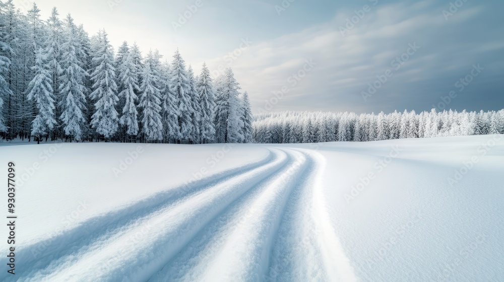 A serene, winter landscape with evergreen trees draped in snow, highlighting a fresh trail path through the snowfield, giving a sense of calm and natural beauty. A serene, winter landscape with evergreen trees draped in snow, highlighting a fresh trail path through the snowfield, giving a sense of calm and natural beauty.