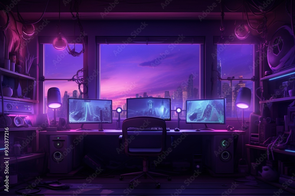 Streaming room with purple lights two monitors Streaming room with purple lights two monitors