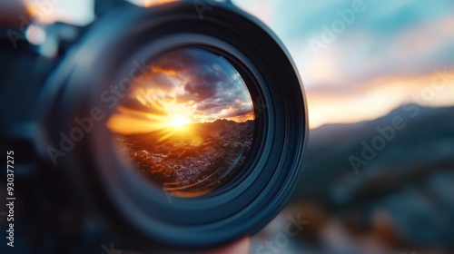 A close-up of a camera lens capturing the vivid, colorful reflection of a stunning sunset over a scenic landscape, emphasizing the artistry of photography and nature.