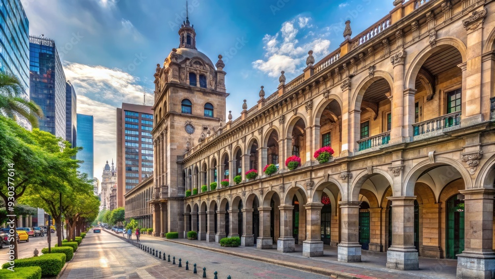 Obraz premium Ancient stone columns and arches of the Palacio de Correos de México stand tall amidst vibrant urban life in Mexico City's Reforma Avenue.