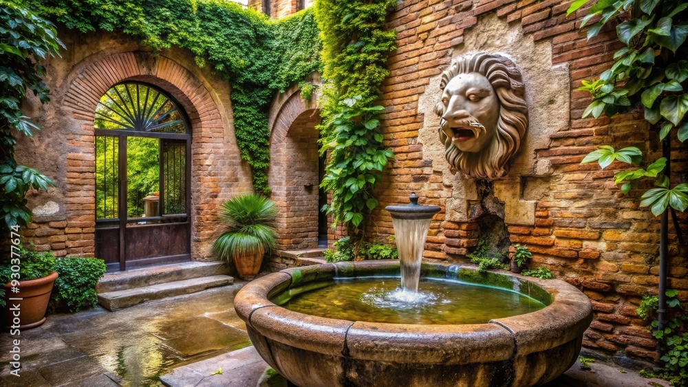 Obraz premium Ancient stone fountain fuente in a rustic courtyard surrounded by lush greenery and old brick walls, with water flowing gently from a carved lion's mouth.