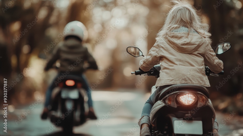 Two motorcyclists ride on their bikes along a peaceful road surrounded by trees, capturing the essence of adventure and camaraderie in a natural setting. Two motorcyclists ride on their bikes along a peaceful road surrounded by trees, capturing the essence of adventure and camaraderie in a natural setting.
