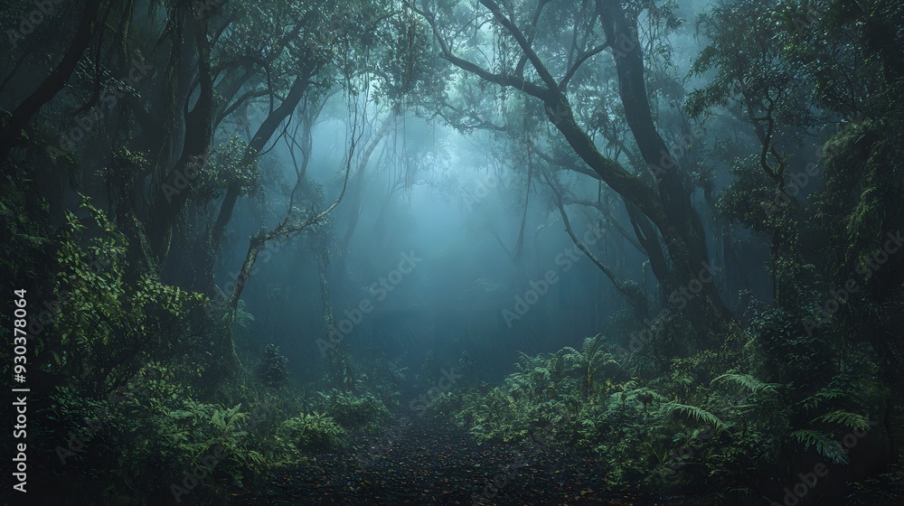 Fototapeta premium A mysterious pathway through a dense, fog-filled forest, sunlight filters through the canopy. A Jurassic Park-Inspired.