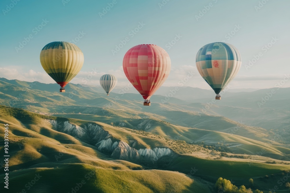 Fototapeta premium Majestic Hot Air Balloons Floating Above Lush Rolling Hills