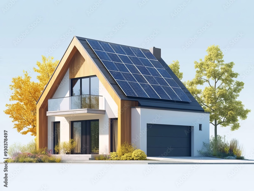 Contemporary eco-house, solar panels on roof, flat design illustration Contemporary eco-house, solar panels on roof, flat design illustration
