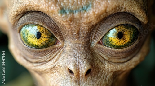 Close up of alien face with striking yellow reptilian eyes