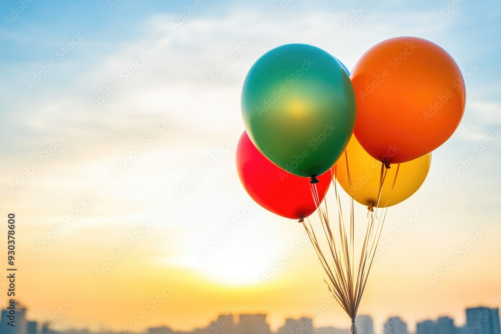 Obraz premium Colorful Balloons Soaring Above Cityscape at Dusk
