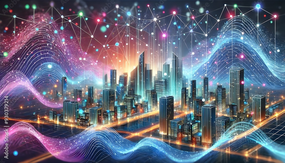 Fototapeta premium A vibrant metropolis with glowing data networks overhead, representing the concept of smart cities and digital transformation.