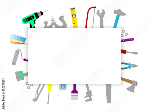 Professional handyman services. Blank template for your logo with colorful tools collection and text space.  Set of repair tools on white background for your web site design, app, UI. Shadow. EPS10.